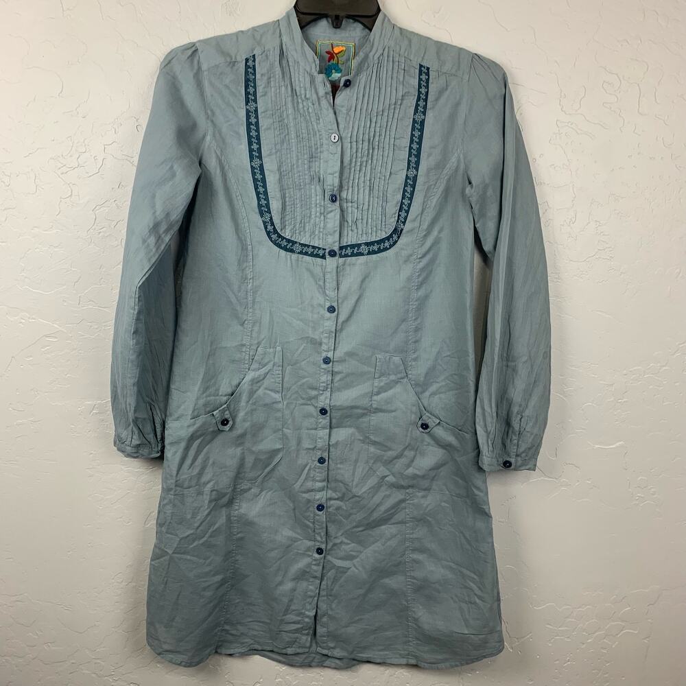 Johnny Was Shirt Dress Blue Painter Smock Embroidered Pockets Pintuck Size Small